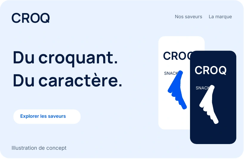 Concept CROQ : « Du croquant. Du caractère. », avec deux emballages de snacks en bleu nuit et blanc.