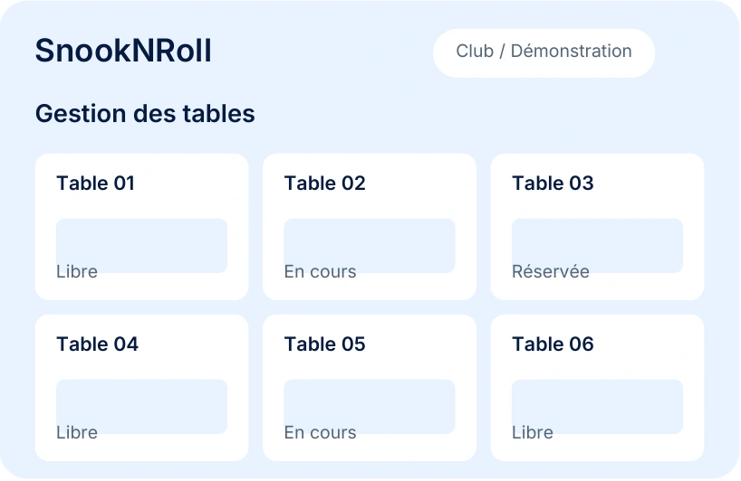 Prototype SnookNRoll : tableau de gestion de six tables avec les états libre, en cours et réservée.